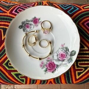 Vintage Floral Porcelain Plate with Gold Rim Jewelry Holder /‎ Home Decor